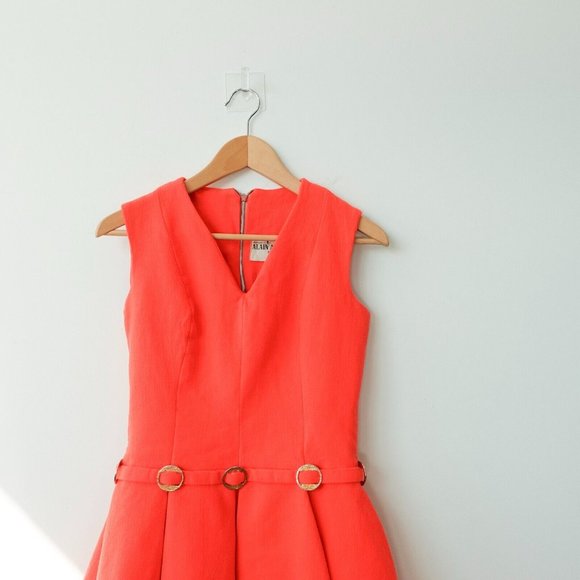VINTAGE Red Dress Small Red Flared Wool Buckle Parisian ALAIN ARNAUD VHTF RARE - Picture 2 of 13